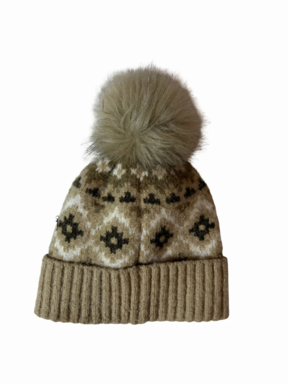 Barbour Alpine Fair Isle Faux Fur Pom Beanie Hat Taupe Nordic Winter